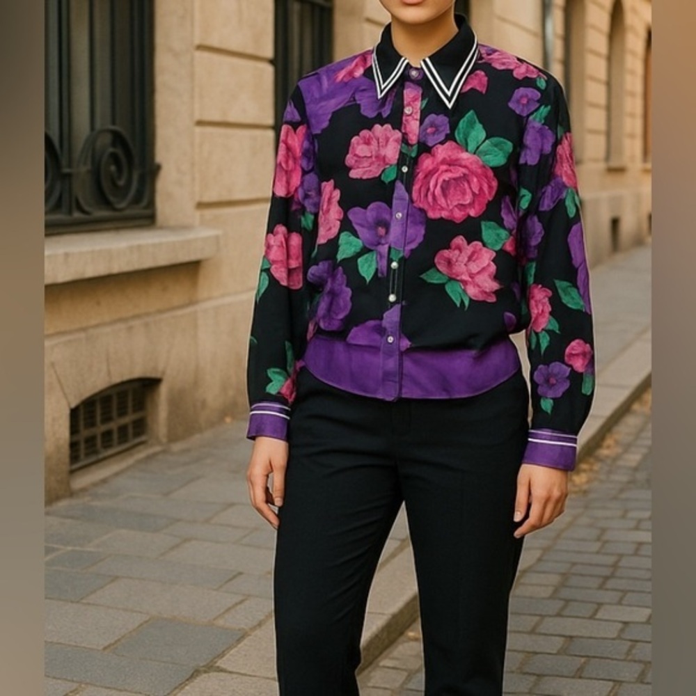 Floral Button-Down Shirt in Black with Pink & Purple Roses